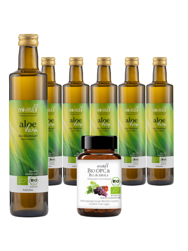 6 x Bio Aloe Vera Direktsaft + 1 Bio OPC & Bio Acerola